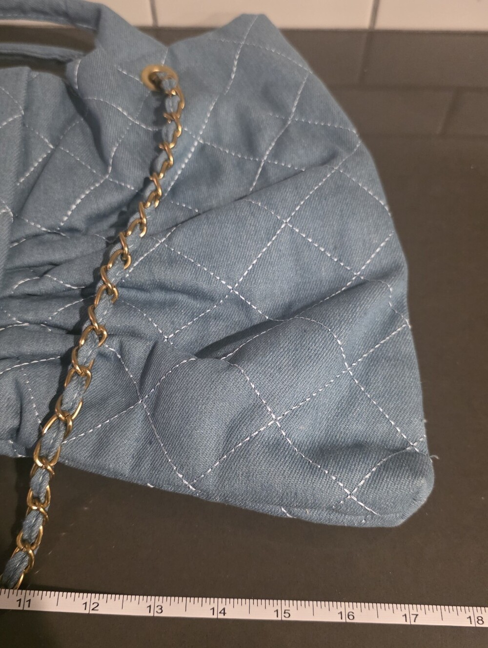 Light Blue Denim Quilted Shoulder Bag with Gold-Tone Chain - Picture 8 of 9